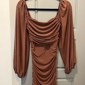Ruched Brown Mini Dress